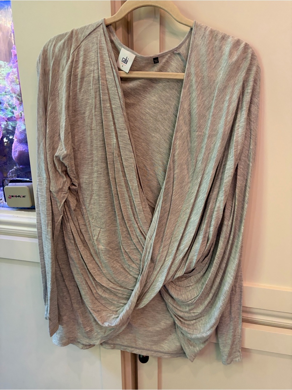 CAbi Draped Crossover Long Sleeve Top in Light Heather